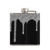 Zilveren Glitterdruppels op Zwarte Monogram Heupfles (Achterkant)