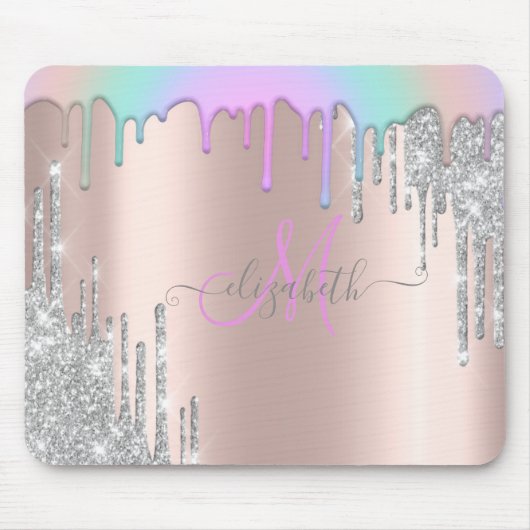 Zilveren Glitterdruppels Regenboog Roze Goud Monog Muismat (Voorkant)