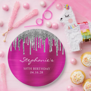 Zilveren Glitterdruppels Roze Folie 50e Verjaardag Papieren Bordje