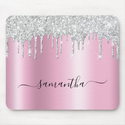 Zilveren Glitterdruppels Roze Glans Muismat (Voorkant)