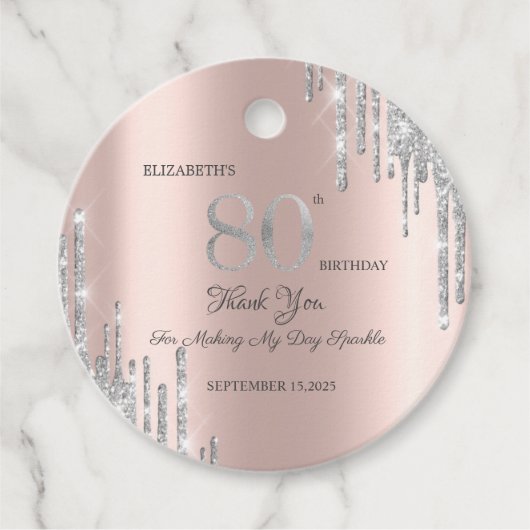 Zilveren Glitterdruppels Roze Goud 80ste Bedankjes Labels (Voorkant)