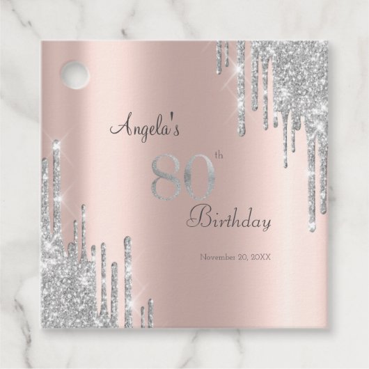 Zilveren Glitterdruppels Roze Goud 80ste Bedankjes Labels (Voorkant)