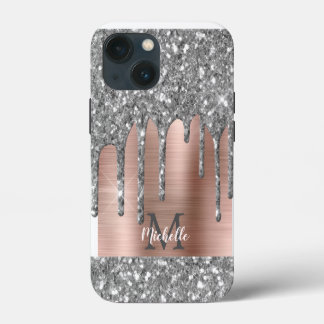 Zilveren Glitterdruppels Roze Gouden Metalen Monog iPhone 13 Mini Hoesje