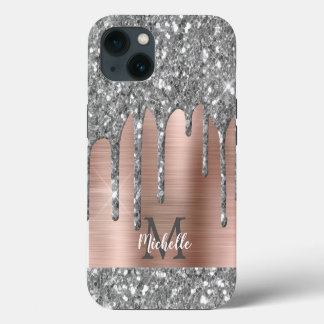 Zilveren Glitterdruppels Roze Gouden Metalen Monog iPhone 13 Hoesje