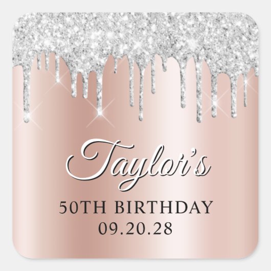 Zilveren Glitterdruppels Roze Gouden Ombre Schaduw Vierkante Sticker (Voorkant)