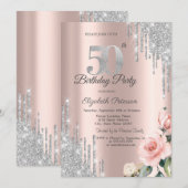 Zilveren Glitterdruppels Rozen Roze Goud 50e Kaart (Voorkant / Achterkant)