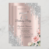 Zilveren Glitterdruppels Rozen Roze Goud 75ste Kaart (Voorkant / Achterkant)