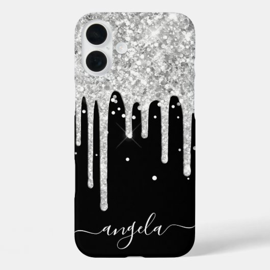 Zilveren Glitterdruppels Zwarte Glam Handtekening Case-Mate iPhone Case (Achterkant)
