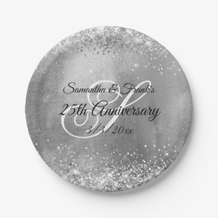 Zilveren Glitterende Folie Monogram 25e Verjaardag Papieren Bordje