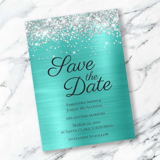 Zilveren Glitterende Turquoise Ombre Folie Save The Date