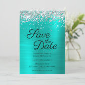 Zilveren Glitterende Turquoise Ombre Folie Save The Date (Staand voorkant)