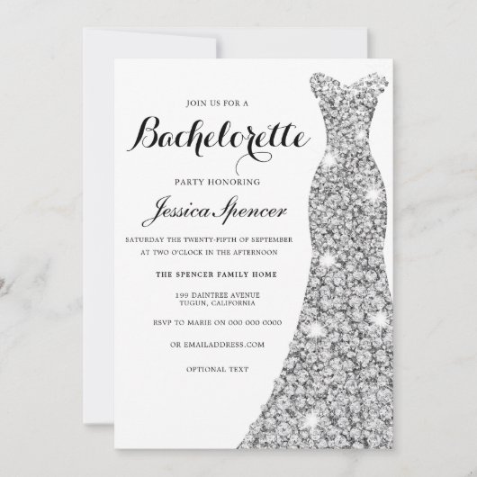 Zilveren Glitterjurk Bachelorette Feest Uitnodigin Kaart (Voorkant)