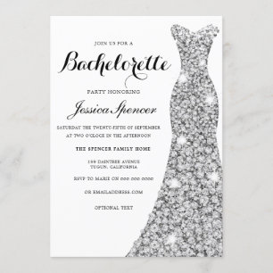 Zilveren Glitterjurk Bachelorette Feest Uitnodigin Kaart