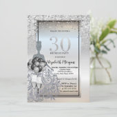 Zilveren glitterjurk, glas, ballonnen 30e verjaard kaart (Staand voorkant)