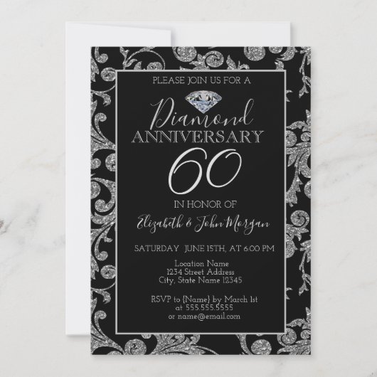 Zilveren Glitterkrullen Diamanten Huwelijksjubileu Kaart (Voorkant)