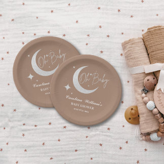 Zilveren glittermaan en sterren oh baby shower papieren bordje