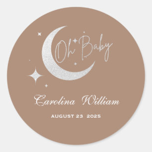 Zilveren glittermaan en sterren oh baby shower ronde sticker