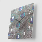 Zilveren glitterpauwveren vierkante klok (Hoek)