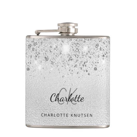 Zilveren glitters beste vrienden monogram heupfles (Voorkant)