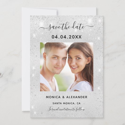 Zilveren glitters foto bruiloft Save the Date (Voorkant)