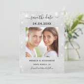 Zilveren glitters foto bruiloft Save the Date (Staand voorkant)