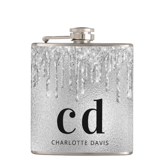 Zilveren glitters glazen met zwarte monogramnaam heupfles (Voorkant)