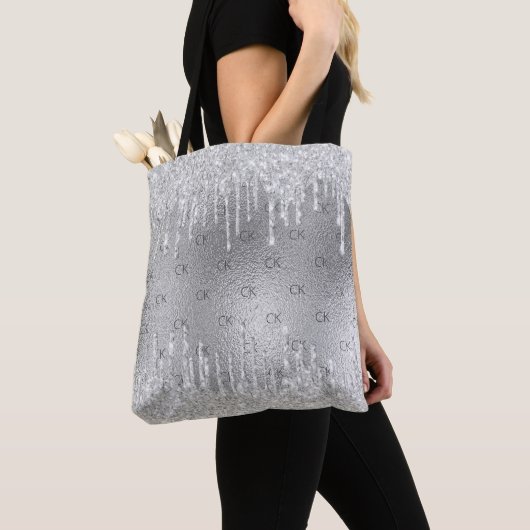 Zilveren glitters glazuur elegant monogram tote bag (Dichtbij)