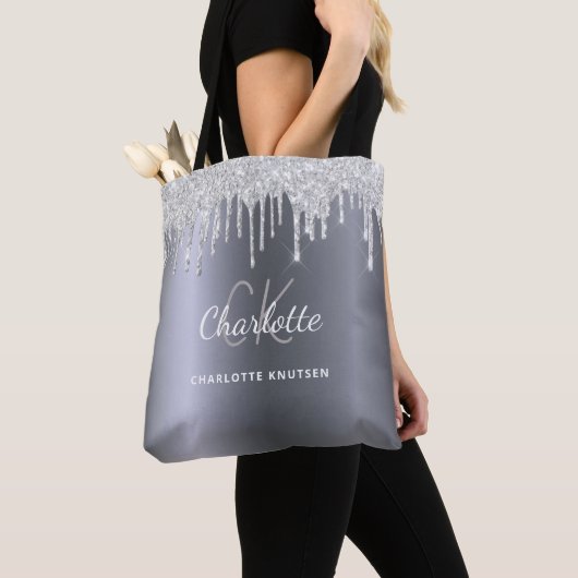 Zilveren glitters glazuur monogram initiaal tote bag (Dichtbij)