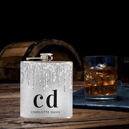 Zilveren glitters glinsterende zwarte monogram naa heupfles