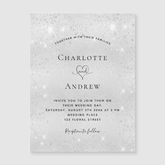 Zilveren glitters magneet trouwkaart (Voorkant)