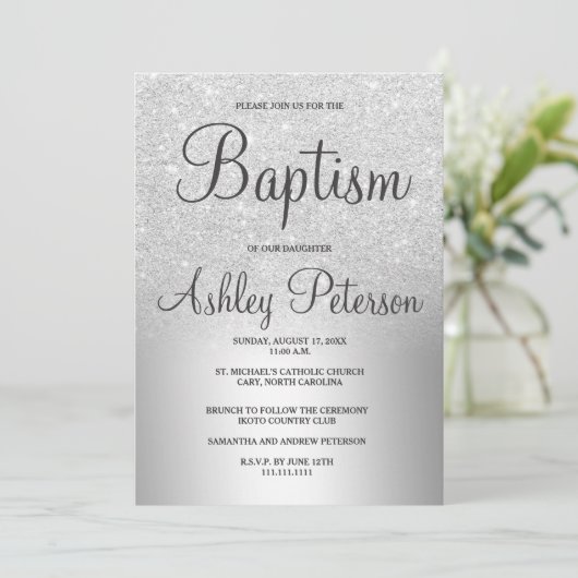 Zilveren glitters ombre metalen folie doop kaart (Staand voorkant)