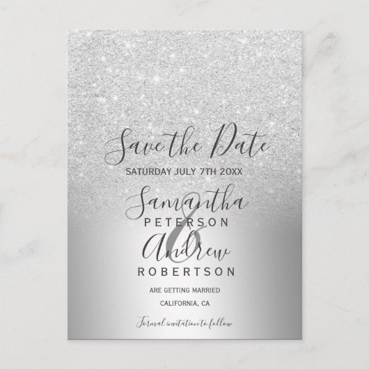 Zilveren glitters ombre metallic save the date aankondigingskaart (Voorkant)