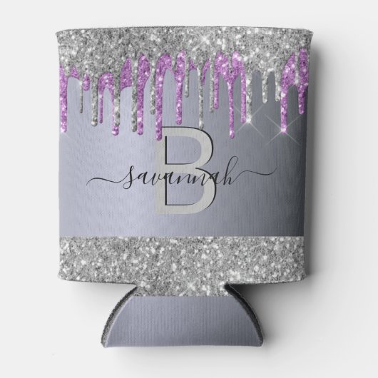Zilveren glitters paarse glans feest monogram blikjeskoeler (Voorkant)