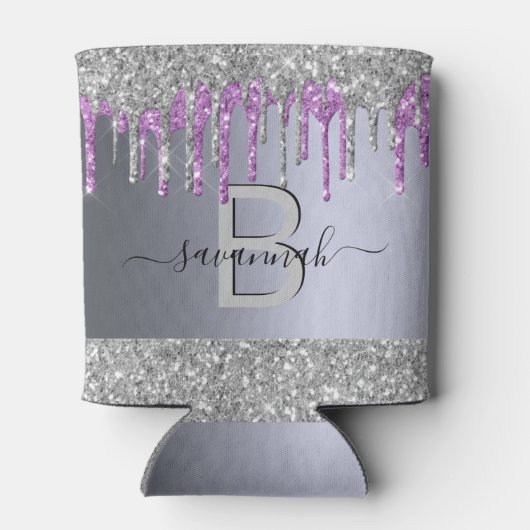 Zilveren glitters paarse glans feest monogram blikjeskoeler (Achterkant)