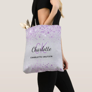 Zilveren glitters paarse stof monogram initialen tote bag