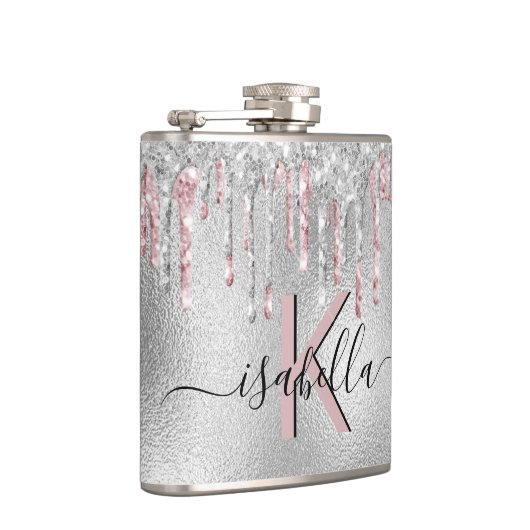 Zilveren glitters roze monogram glans schrift heupfles (Rechts)