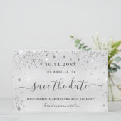 Zilveren glitters verjaardags save the date kaart (Staand voorkant)