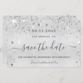 Zilveren glitters verjaardags save the date kaart (Voorkant / Achterkant)
