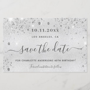 Zilveren glitters verjaardags save the date kaart