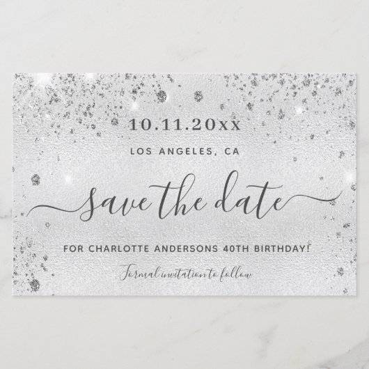 Zilveren glitters verjaardags save the date kaart (Voorkant)