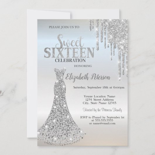 Zilveren glitterschijven, diamanten dress Sweet 16 Kaart (Voorkant)