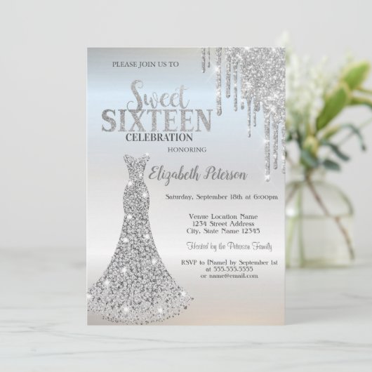 Zilveren glitterschijven, diamanten dress Sweet 16 Kaart (Staand voorkant)