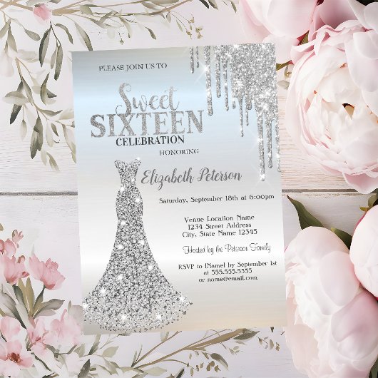 Zilveren glitterschijven, diamanten dress Sweet 16 Kaart