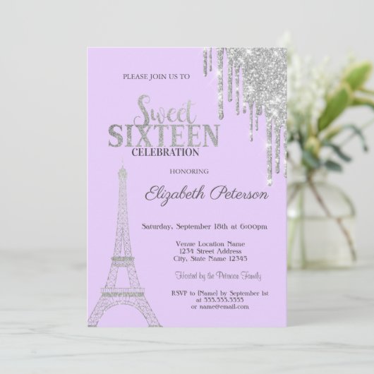 Zilveren glitterschijven, Eiffeltoren, gezoet 16 I Kaart (Staand voorkant)