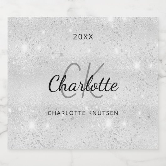 Zilveren glitterschuim monogram initiaal naam  sparkling wijnetiket (Enkel label)
