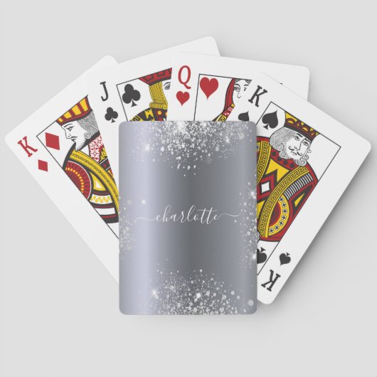 Zilveren glitterscript naam pokerkaarten (Achterkant)