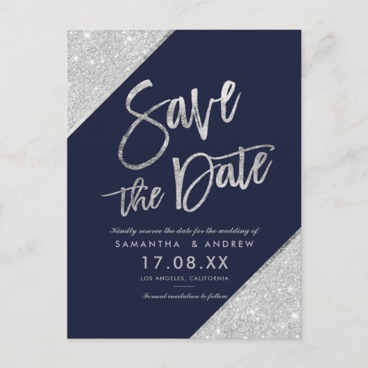 Zilveren glitterscript navyblauw save the date aankondigingskaart (Voorkant)