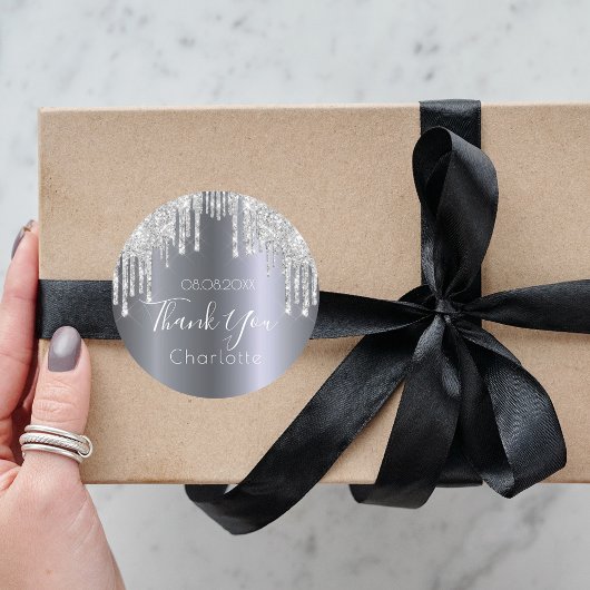 Zilveren glitterslierten naam dank je wel ronde sticker