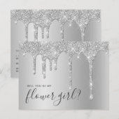 Zilveren glitterslierten word je mijn bloemenmeisj uitnodiging briefkaart (Voorkant / Achterkant)