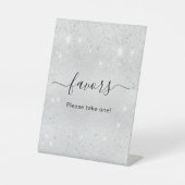 Zilveren glitterspul gunsten bordje reclamebord met voetstuk (Voorkant)